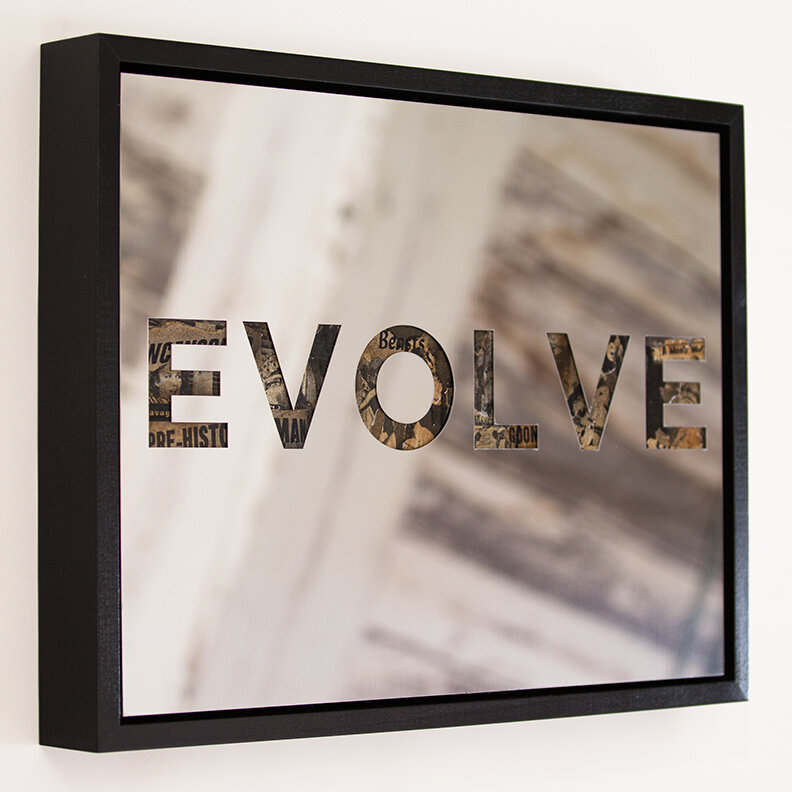 Evolve by Jeremy Penn — Mirror-polished steel, vintage erotica, & spray paint on panel
