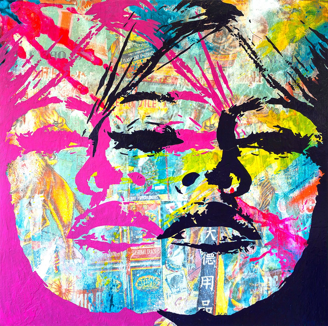 Hot Lips Double Vision by Jeremy Penn — Acrylic, spray paint, and vintage firework labels on panel