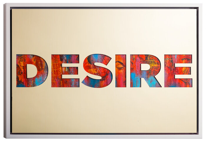 Desire by Jeremy Penn — Mirror-polished gold aluminum, vintage erotica, & spray paint on panel