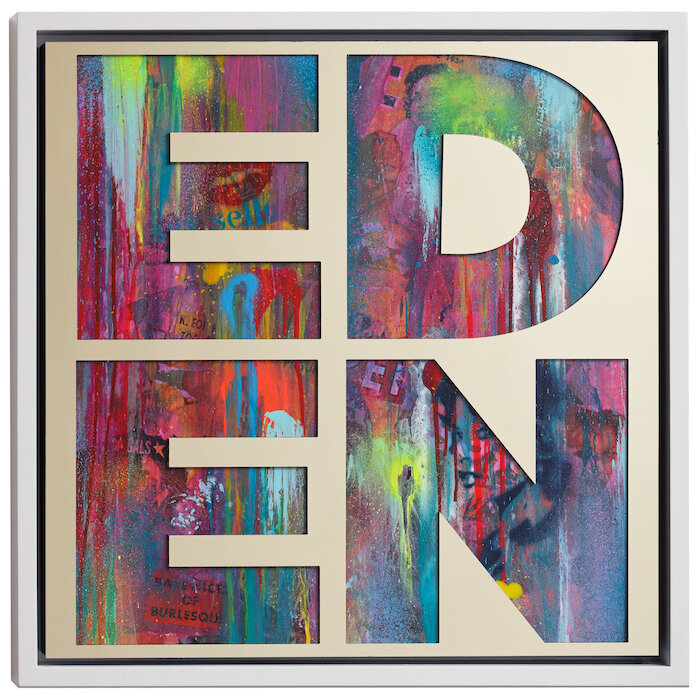 Eden by Jeremy Penn — Mirror-polished gold aluminum, vintage erotica, & spray paint on panel