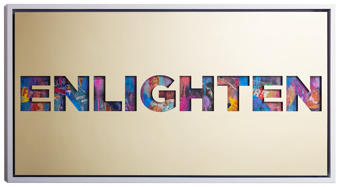 Enlighten by Jeremy Penn — Mirror-polished gold aluminum, vintage erotica, & spray paint on panel