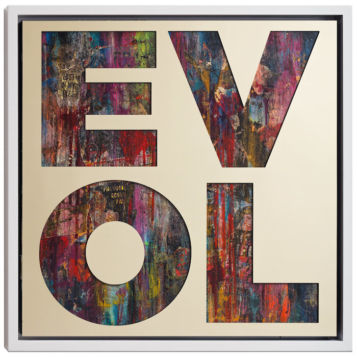 EVOL by Jeremy Penn — Mirror-polished gold aluminum, vintage erotica, & spray paint on panel