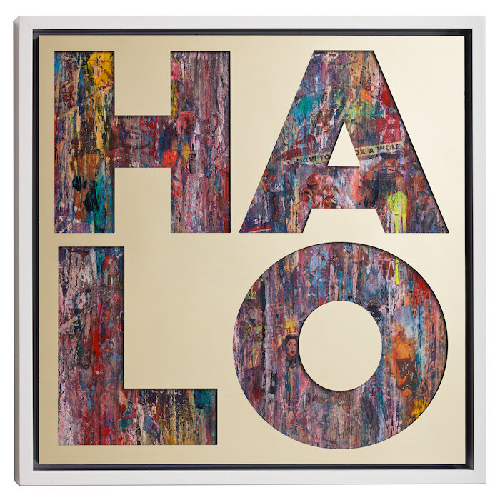 Halo by Jeremy Penn — Mirror-polished gold aluminum, vintage erotica, & spray paint on panel