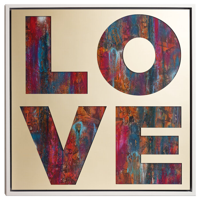 Love by Jeremy Penn — Mirror-polished gold aluminum, vintage erotica, & spray paint on panel