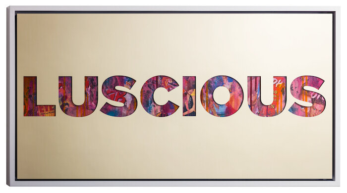 Luscious by Jeremy Penn — Mirror-polished gold aluminum, vintage erotica, & spray paint on panel