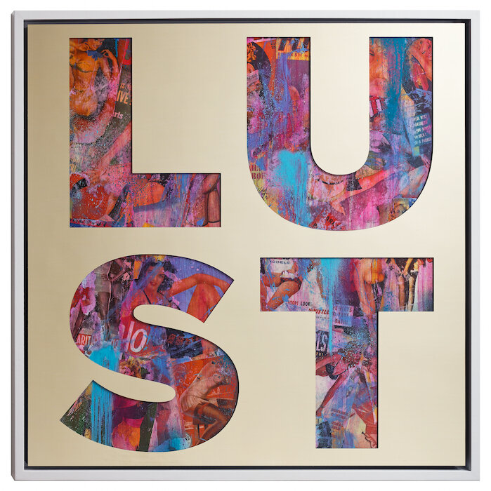 LUST by Jeremy Penn — Mirror-polished gold aluminum, vintage erotica, & spray paint on panel
