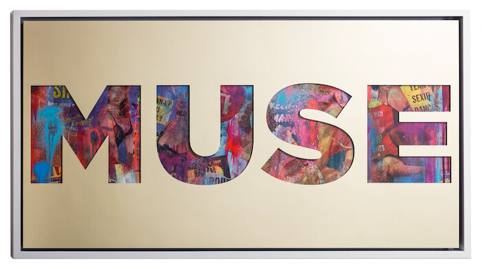 Muse by Jeremy Penn — Mirror-polished gold aluminum, vintage erotica, & spray paint on panel