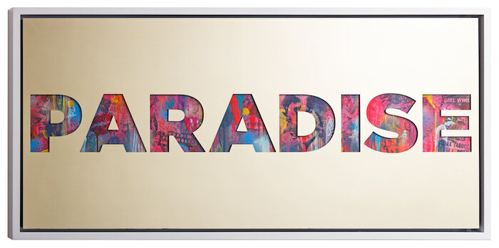 Paradise by Jeremy Penn — Mirror-polished gold aluminum, vintage erotica, & spray paint on panel